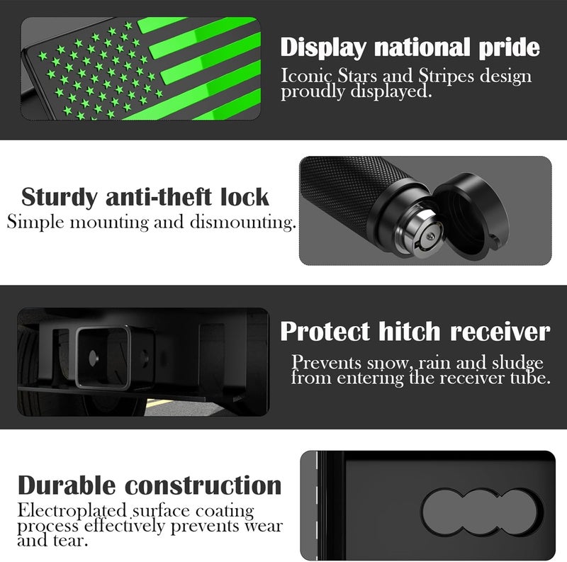 OGYE 2 Inch Trailer Hitch Cover with American Flag, Heavy Metal Trailer Hitch Cover Fit for 2 Inch Hitch Receivers (with 5/8" Pin Dia Anti-Theft Trailer Hitch Lock),3 * 5" Green - Image 3